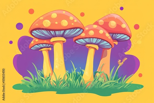 Cartoon style, mushroom kingdom with trippy mushrooms, green grass and purple blue clouds in the background, yellow orange gradient background photo