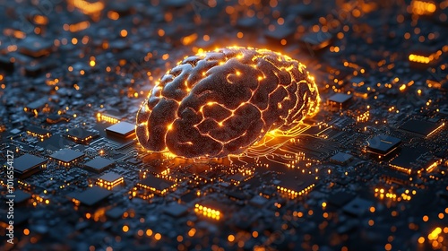 neuromorphic computing concept illustrating the integration of a brain and microchip board artificial intelligence for advanced computational systems.create by F.a photo