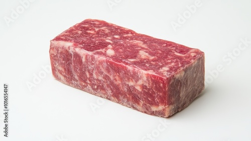 A block of corned beef with visible marbling, set on a bright white background, highlighting its hearty, flavorful appeal.