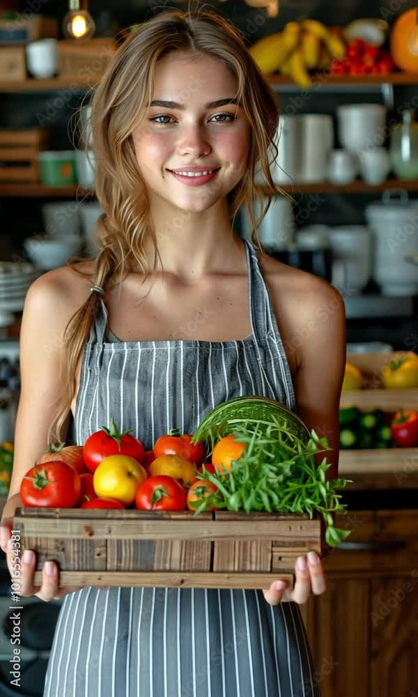Businesswoman grinning while holding a crate of fruits and vegetables and looking at the camera Businesswoman grinning while holding a crate of fruits and vegetables and looking at the camera