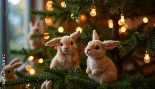 Toy bunnies on the Christmas tree 