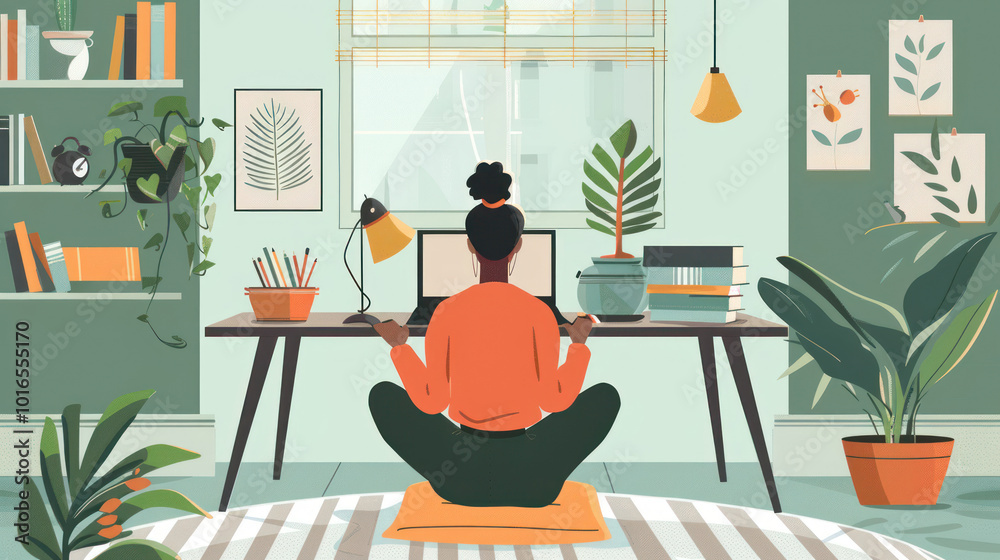 Fototapeta premium A remote worker maintaining a healthy routine, balancing work tasks with exercise, healthy meals, and mindfulness breaks throughout the day.