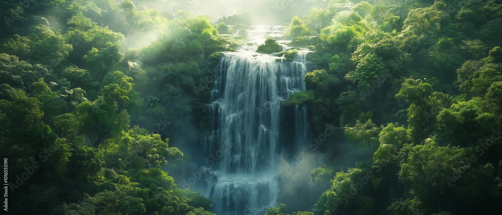 A stunning drone shot of a waterfall cascading down through lush, vibrant green foliage. The cinematic mist and soft lighting highlight the natural beauty of the scene. A stunning drone shot of a waterfall cascading down through lush, vibrant green foliage. The cinematic mist and soft lighting highlight the natural beauty of the scene.