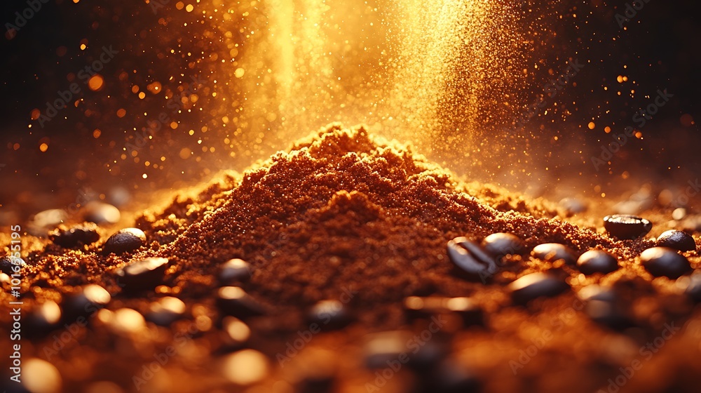 A mound of coffee grounds with beans and golden light. A mound of coffee grounds with beans and golden light.
