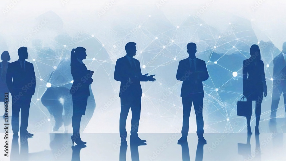 Fototapeta premium Silhouettes of businesspeople with a digital network background.