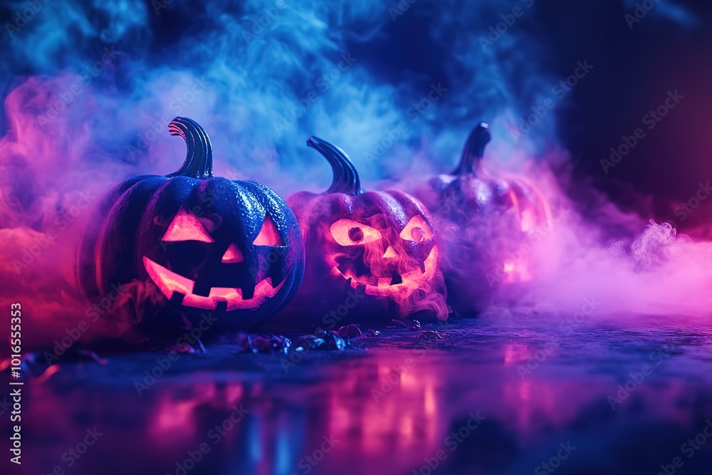 Fototapeta premium 3D render of a cartoon, glowing pink and blue pumpkin smoke on a dark background, in a cartoon style