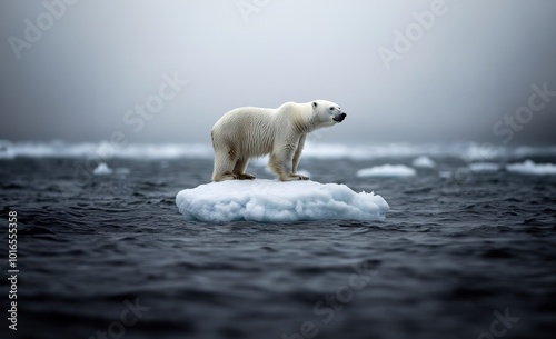 A lonely polar bear on a melting iceberg in the middle of the endless ocean. isolation of the animal and its vulnerability to global warming. concept and consequences of climate change and melting of photo