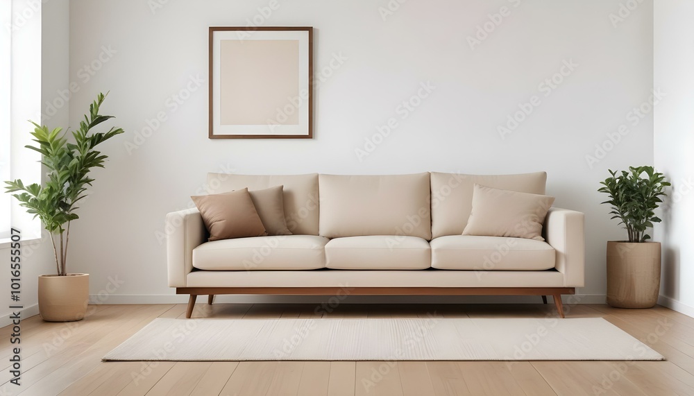 A modern, minimalist beige sofa with a wooden frame against a plain white wall. A modern, minimalist beige sofa with a wooden frame against a plain white wall.