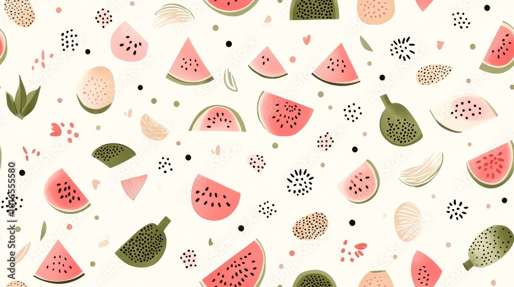 Εκτύπωση καμβά a pattern of Minimalist watercolor watermelons in soft pink and green hues, scat