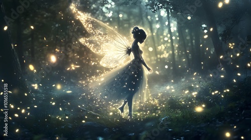A glowing fairy in a mystical forest, surrounded by sparkling fireflies.

