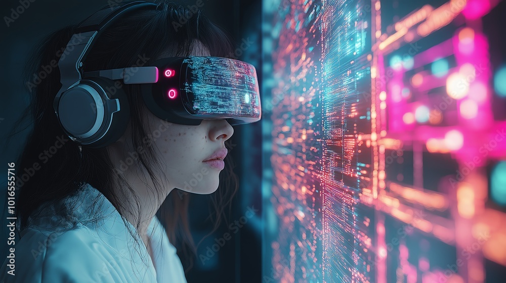 Asian woman using virtual reality headset with neon digital interface, futuristic technology concept Asian woman using virtual reality headset with neon digital interface, futuristic technology concept