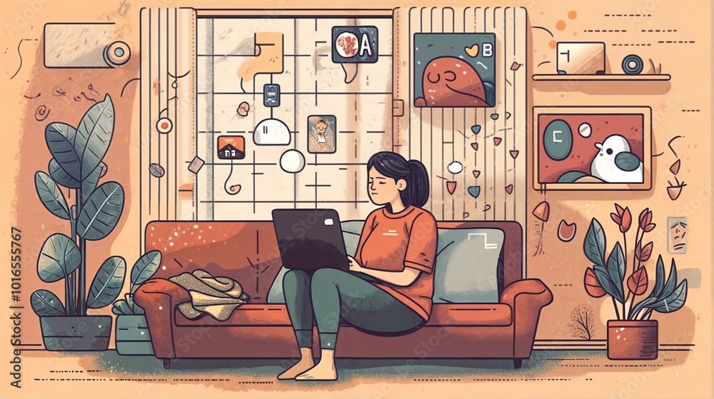 Fototapeta premium illustration of female community manager working from home, sitting with laptop,