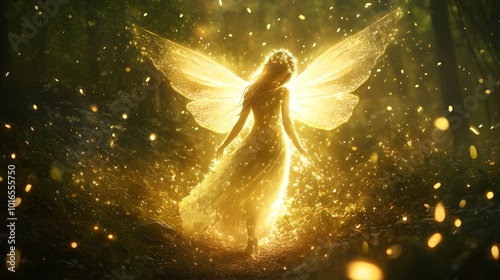 A glowing fairy in a mystical forest, surrounded by sparkling fireflies.

