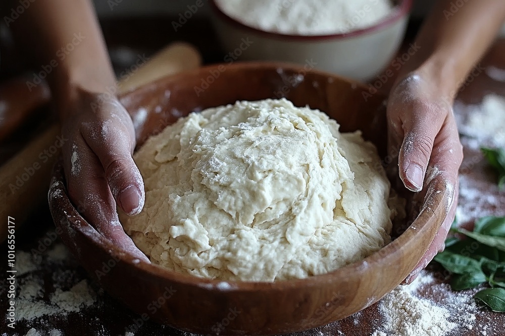 Un tazón de madera lleno de masa de pan lista para ser amasada, rodeado de harina y utensilios de cocina, en un entorno rústico y acogedor.
Un tazón de madera lleno de masa de pan lista para ser amasada, rodeado de harina y utensilios de cocina, en un entorno rústico y acogedor.