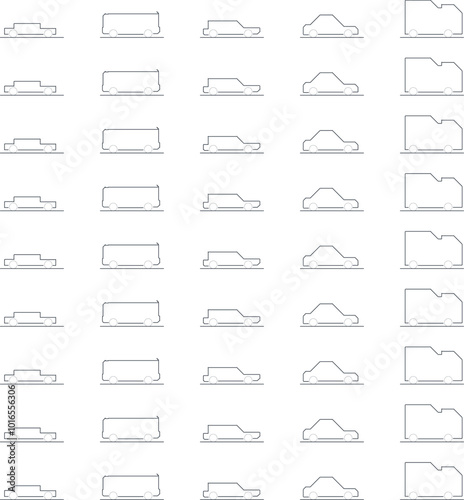 Cartoon cars of different types stand in rows.
