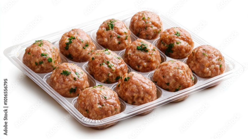 A neat package of meatballs with clear windows showing the contents, set on a white background for a clean, professional presentation. A neat package of meatballs with clear windows showing the contents, set on a white background for a clean, professional presentation.