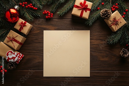 Lettera vuota a Babbo Natale su un tavolo di legno con decorazioni natalizie e regali attorno photo