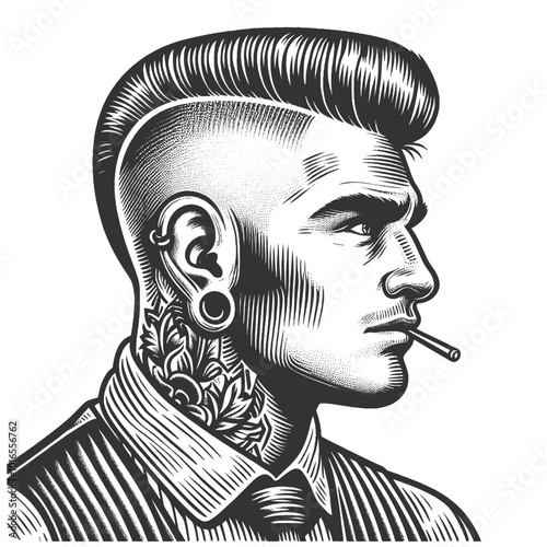 tattooed man with a mohawk haircut, wearing earrings, and smoking a cigarette sketch engraving generative ai fictional character vector illustration. Scratch board imitation. Black and white image.