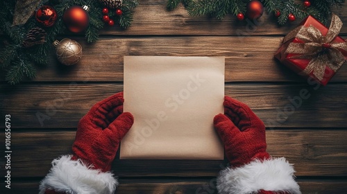 Le mani di Babbo Natale tengono in mano un foglio di carta bianco. Atmosfera natalizia con uno sfondo semplice e ordinato photo