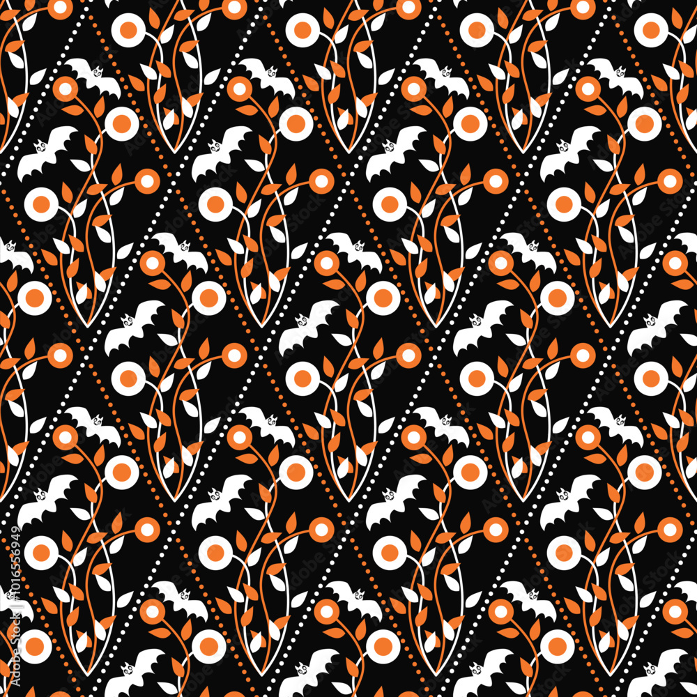 Flowers and bats halloween pattern