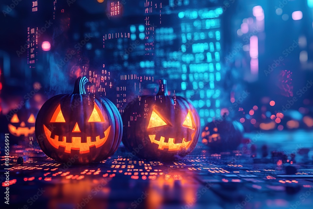 custom made wallpaper toronto digitalHalloween pumpkins surrounded by binary code, in the background is an office building with computer parts floating around it