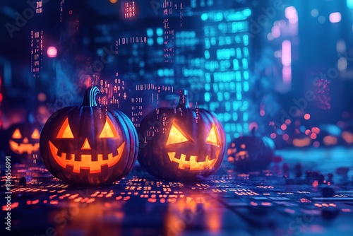 Wallpaper Mural Halloween pumpkins surrounded by binary code, in the background is an office building with computer parts floating around it Torontodigital.ca