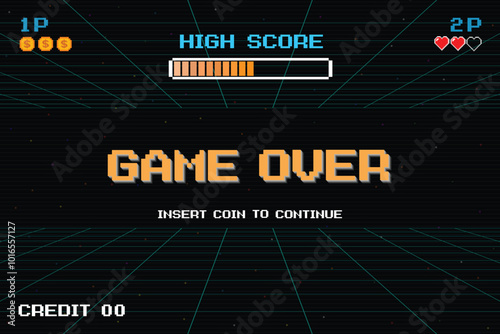 GAME OVER INSERT A COIN TO CONTINUE .Synthwave wireframe net illustration. pixel art .8 bit game. retro game. for game assets .Retro Futurism Sci-Fi Background. glowing neon grid. and stars.