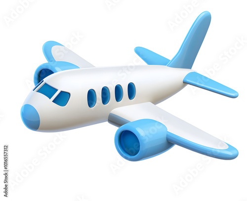 Flying plane icon. Cute, cartoon 3d realistic white airplane with blue portholes and wings, perspective view