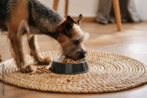 Brown dog with white face eats from black bowl on beige rug. Wooden floor, chair in background. Small breed dog focused on food, furry mammal, pet dog, domestic animal, purebred breed, wirehaired fox photo