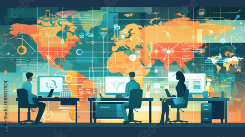 A remote work environment in an emerging market, where employees use digital tools to collaborate on international projects and reach new markets.