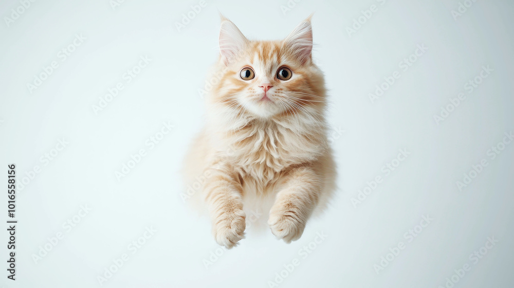 Adorable fluffy cat floating gracefully in the sky on a seamless white background, capturing the essence of cuteness and wonder.
