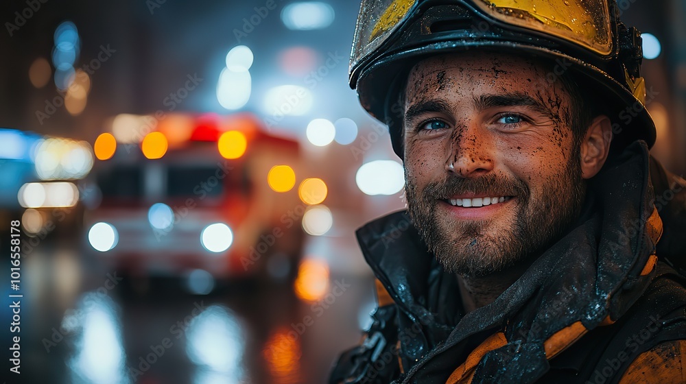 portrait of dirty firefighter man on duty,fire truck in background at night smiling.create by F.a portrait of dirty firefighter man on duty,fire truck in background at night smiling.create by F.a
