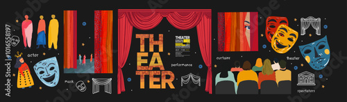 Theater, audience and stage. Vector modern illustration of red theater curtains, actors, mask, spectators, performance, stand up for poster, invitation, flyer or background