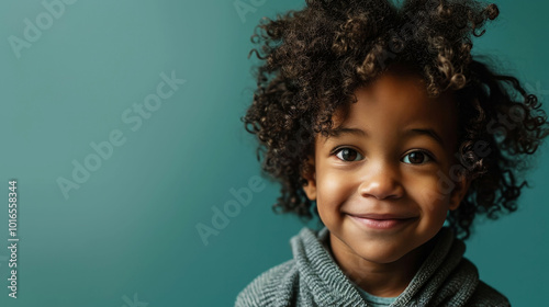 Portrait of a young African boy with curly hair against a blue background