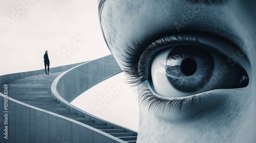 Modern creative illustration concept theme of envy and jealousy. With profile portrait of person with large eye expressing envying suspicion emotion with intense expressive stare. Generative AI