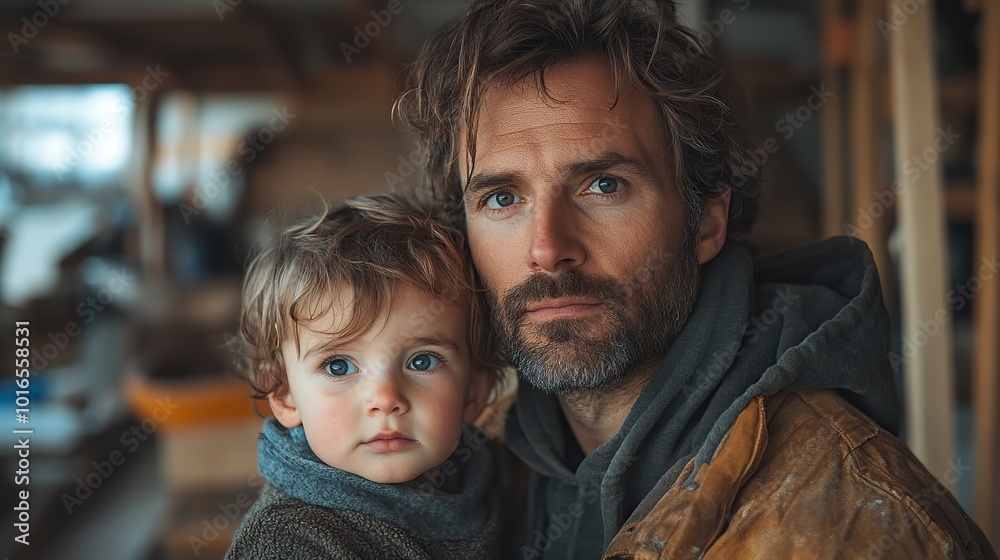 portrait of father and his little son in their unfinished house.stock image portrait of father and his little son in their unfinished house.stock image