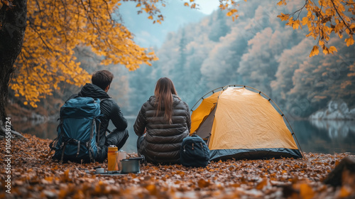 Couple camping in autumn, sitting near a tent with backpacks by a scenic lake, enjoying the peaceful nature.