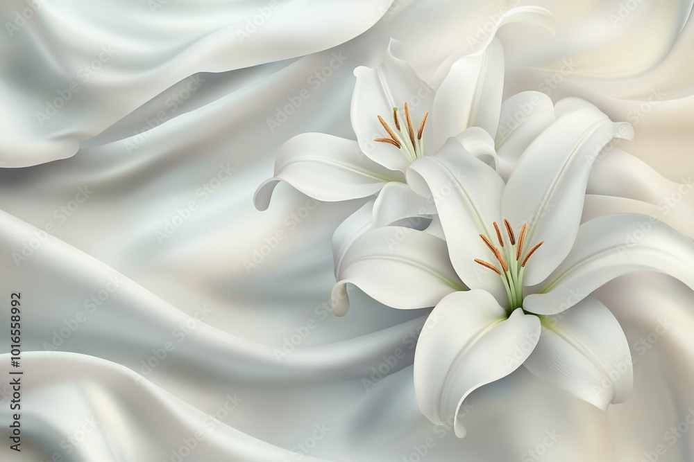 Fototapeta premium Abstract white background with a three-dimensional flower. A white lily on a textured surface, an elegant and delicate wallpaper design for wall art or a mural. 
