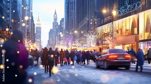 Festive Holiday Shopping on a Busy Snowy City Street at Dusk