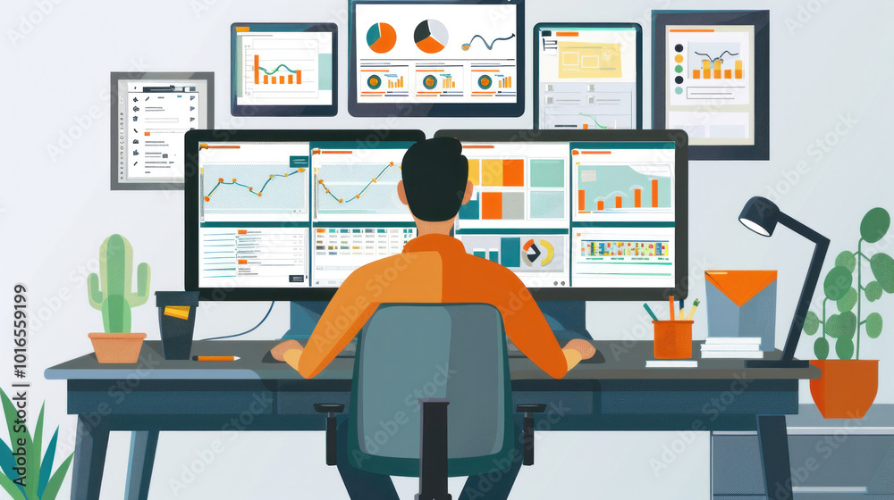 A remote work setup with multiple screens, where a professional is managing both personal and professional tasks in a home office environment. A remote work setup with multiple screens, where a professional is managing both personal and professional tasks in a home office environment.