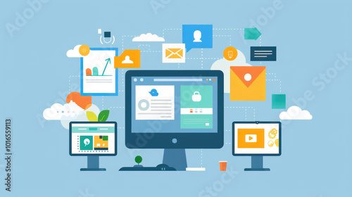 A remote work setup with multiple collaboration tools displayed on a screen, including chat apps, project management software, and cloud storage.