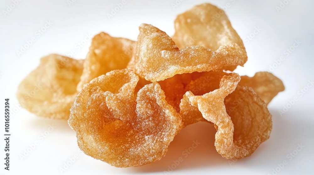 Close-up of pork rinds with crispy edges and puffy centers, displayed on a white background to highlight their crunchy appeal. Close-up of pork rinds with crispy edges and puffy centers, displayed on a white background to highlight their crunchy appeal.