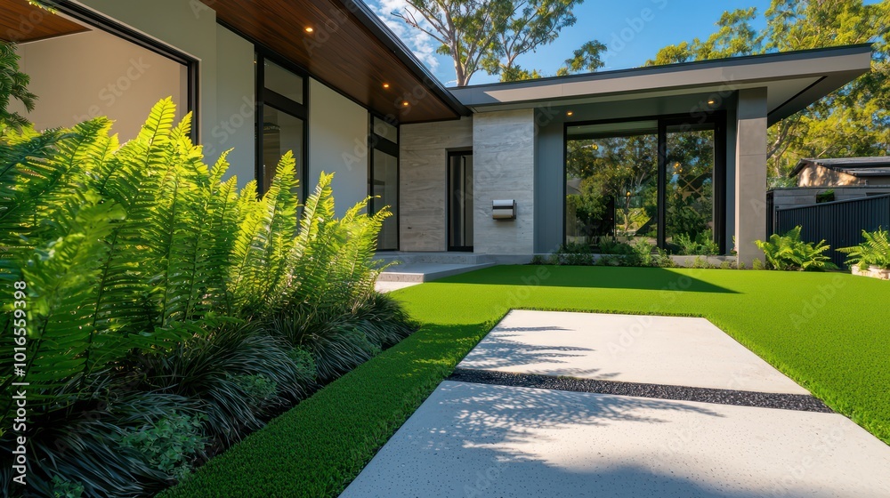 Lush fern green artificial turf enhancing the front of a modern home with a minimalist concrete walkway Lush fern green artificial turf enhancing the front of a modern home with a minimalist concrete walkway