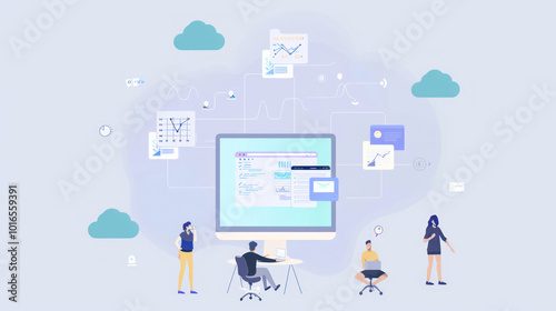 A remote work team collaborating on a project, using cloud-based platforms to share documents, track progress, and communicate in real-time.