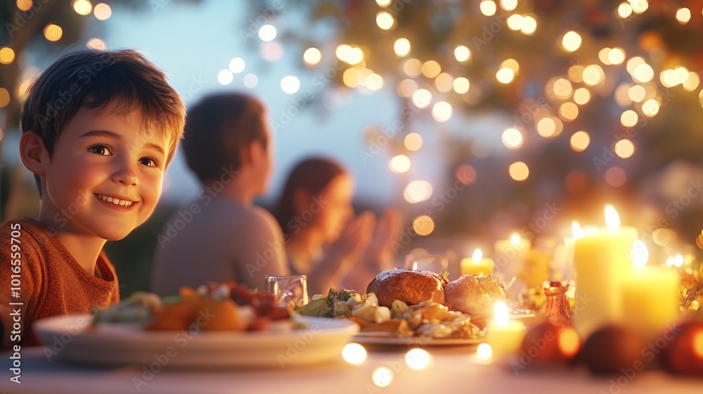 Joyful Family Celebrating Holiday Meal at Festive Table with Twinkling Lights Joyful Family Celebrating Holiday Meal at Festive Table with Twinkling Lights
