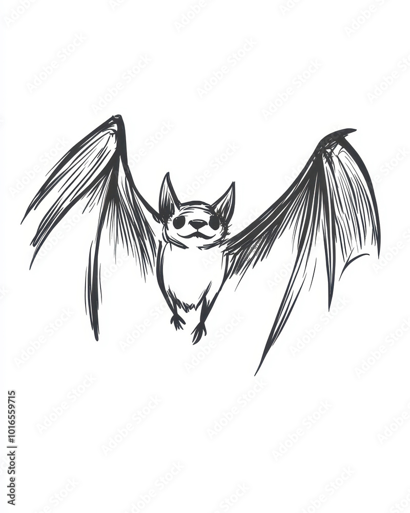 Obraz premium Minimalistic black ink drawing of a bat with expressive features and extended wings in a cute stick figure style