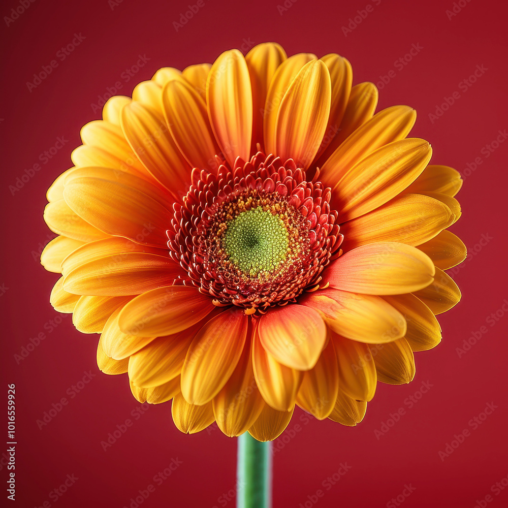 Stunning studio shot of vibrant Gerbera Daisy showcasing detailed petals against a rich red background. Perfect for floral themes and nature-inspired designs.