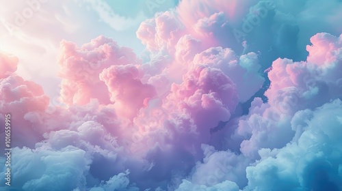 Dreamy, pastel pink and blue clouds illuminated by warm sunlight, creating a beautiful and ethereal sky.