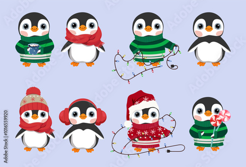 Wallpaper Mural Set of cute Christmas penguins on isolated background. Vector illustration. Torontodigital.ca