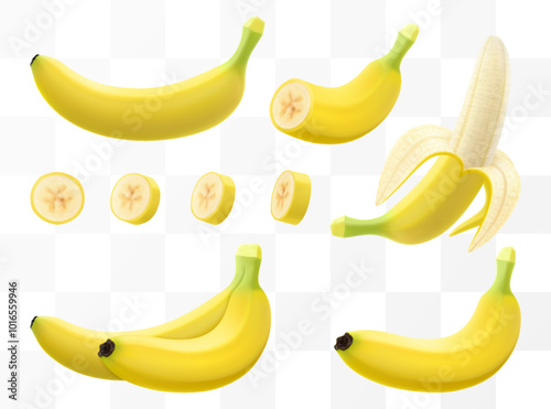 Fresh tropical banana isolated on transparent background. Whole banana, slice in half and bunch of bananas. Peeled and slice cut for organic juice or dessert package. Realistic 3d vector illustration.